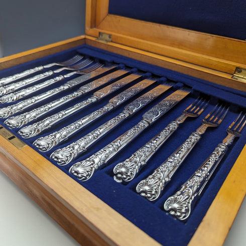 1838 British Antique Sterling Silver Handle Cutlery 6 Pair Set Boxed Charles Needham